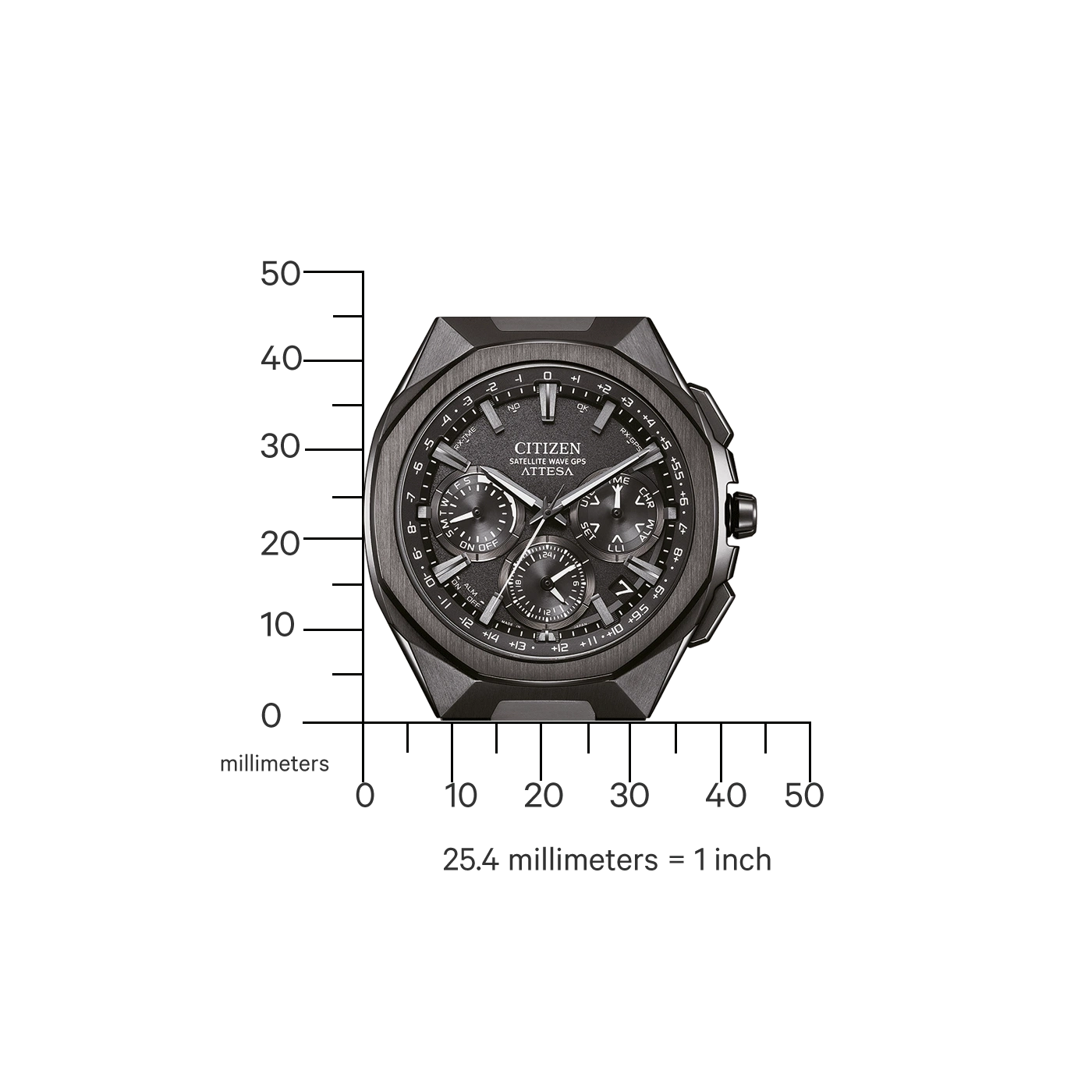 Citizen horloge met schaal in millimeters en inches, zwart en grijs design.