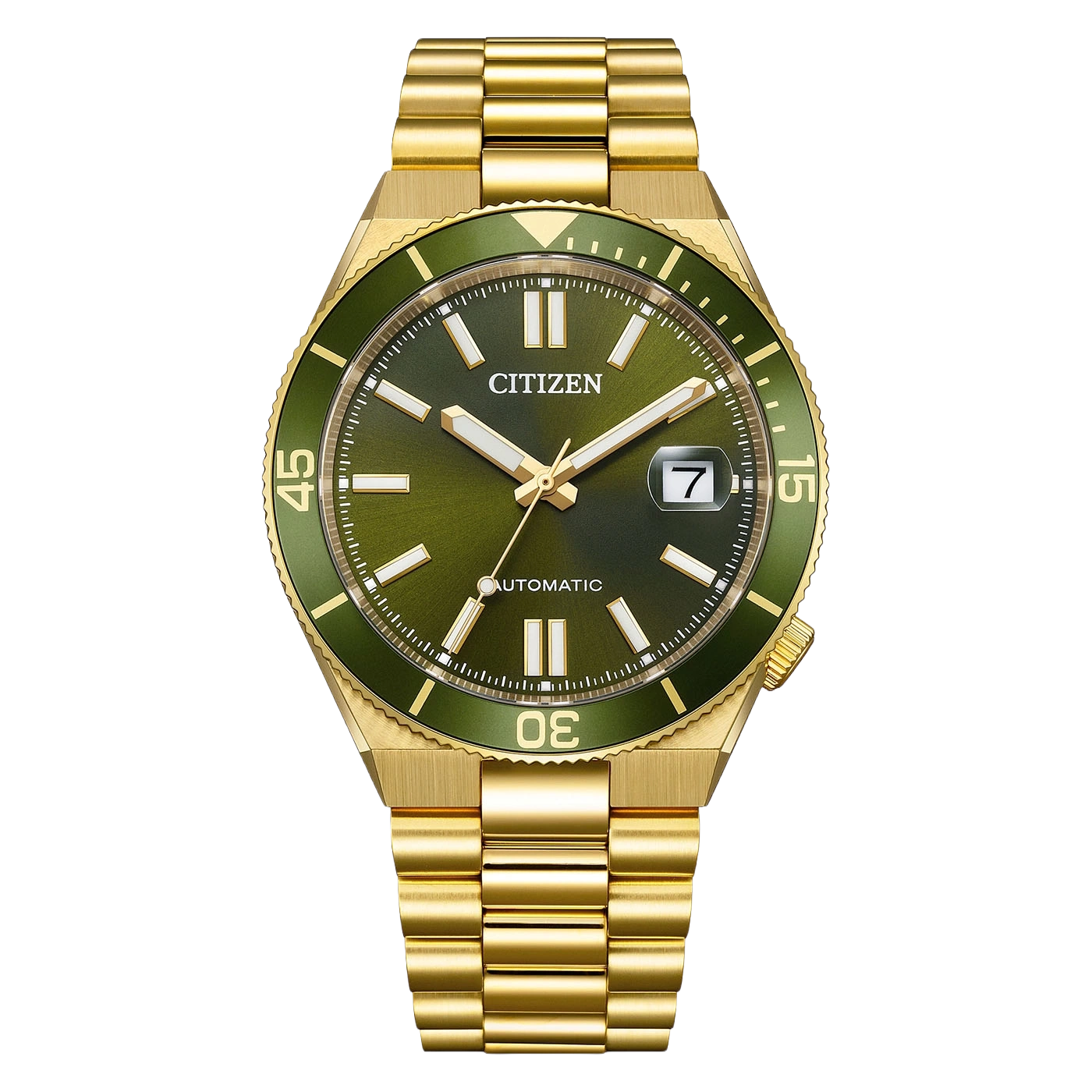 Een gouden Citizen horloge met groene wijzerplaat en lunette.
