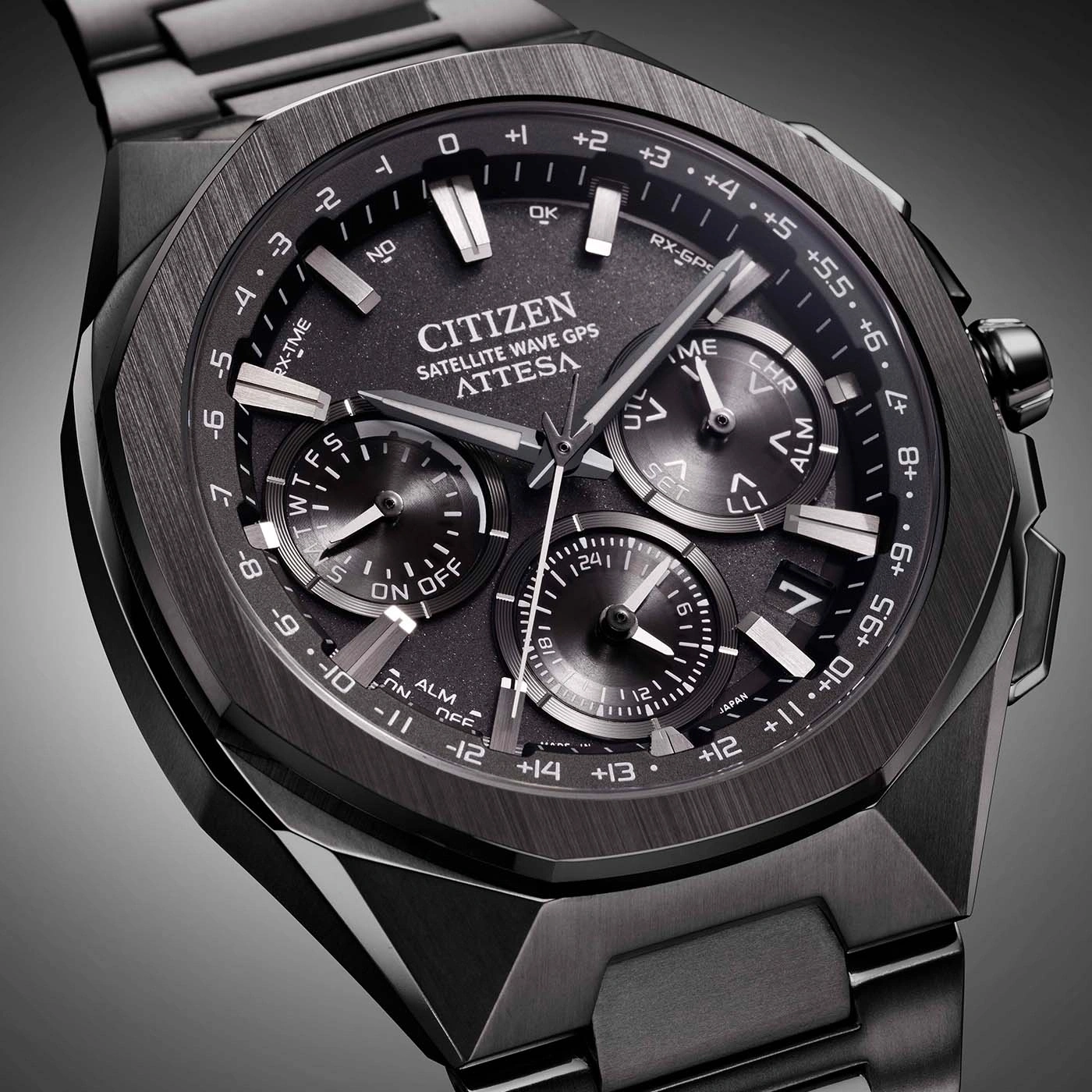 Citizen Attesa horloge, zwart, satellietgolf GPS, tijd, datum, chronograaf, alarm, Japan