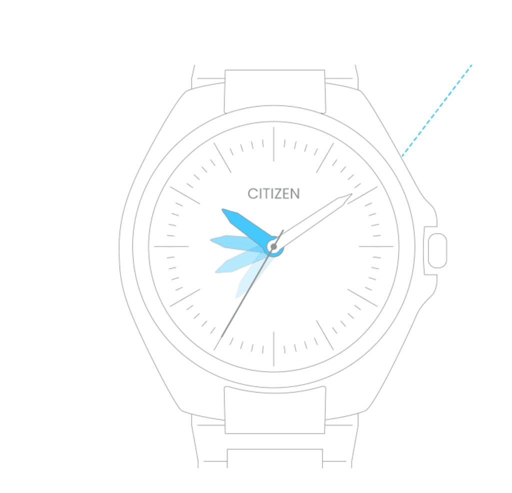 Citizen horloge met blauwe wijzers die de tijd aangeven, minimalistisch ontwerp, witte achtergrond