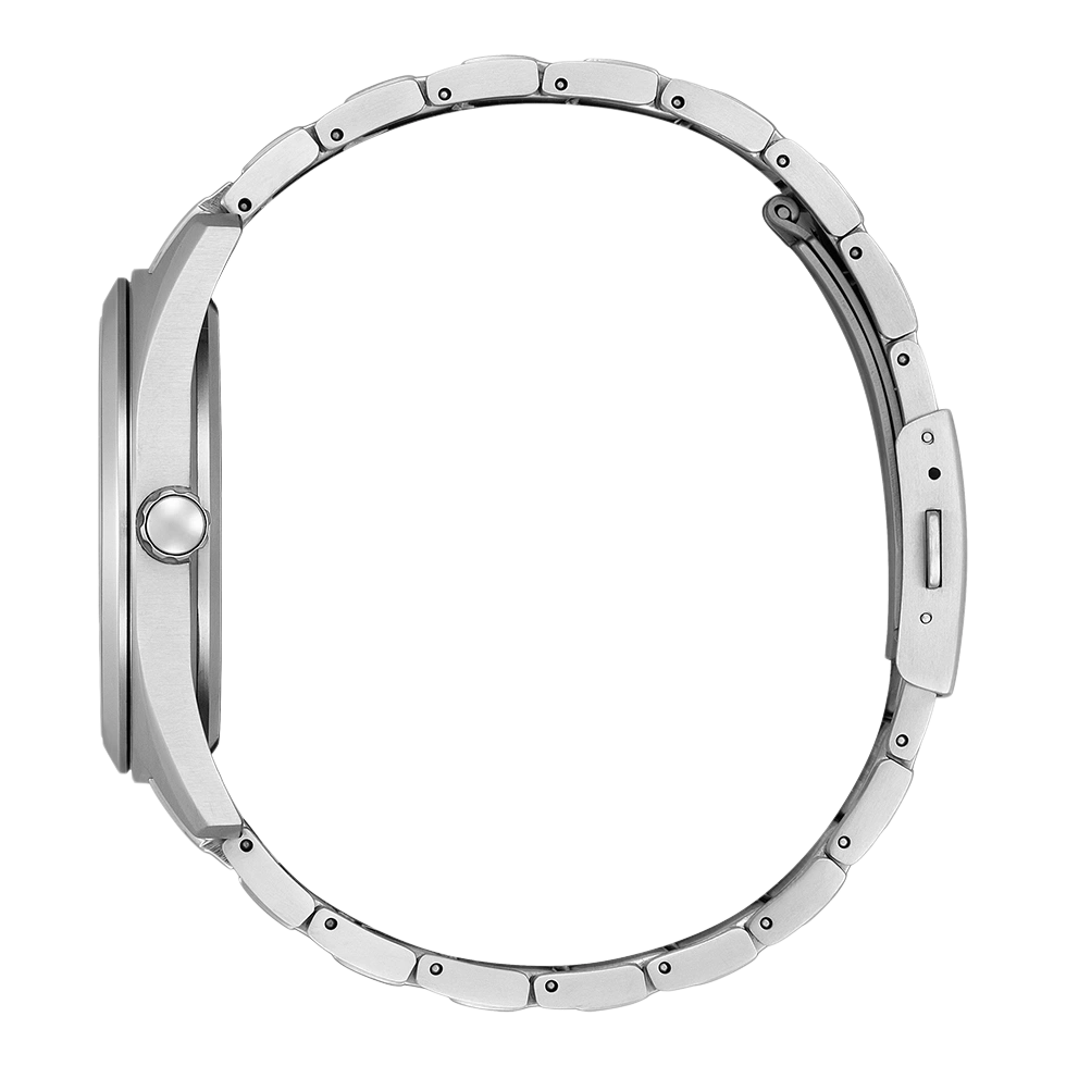 Zilveren horloge met ronde wijzerplaat en metalen band, zijaanzicht.