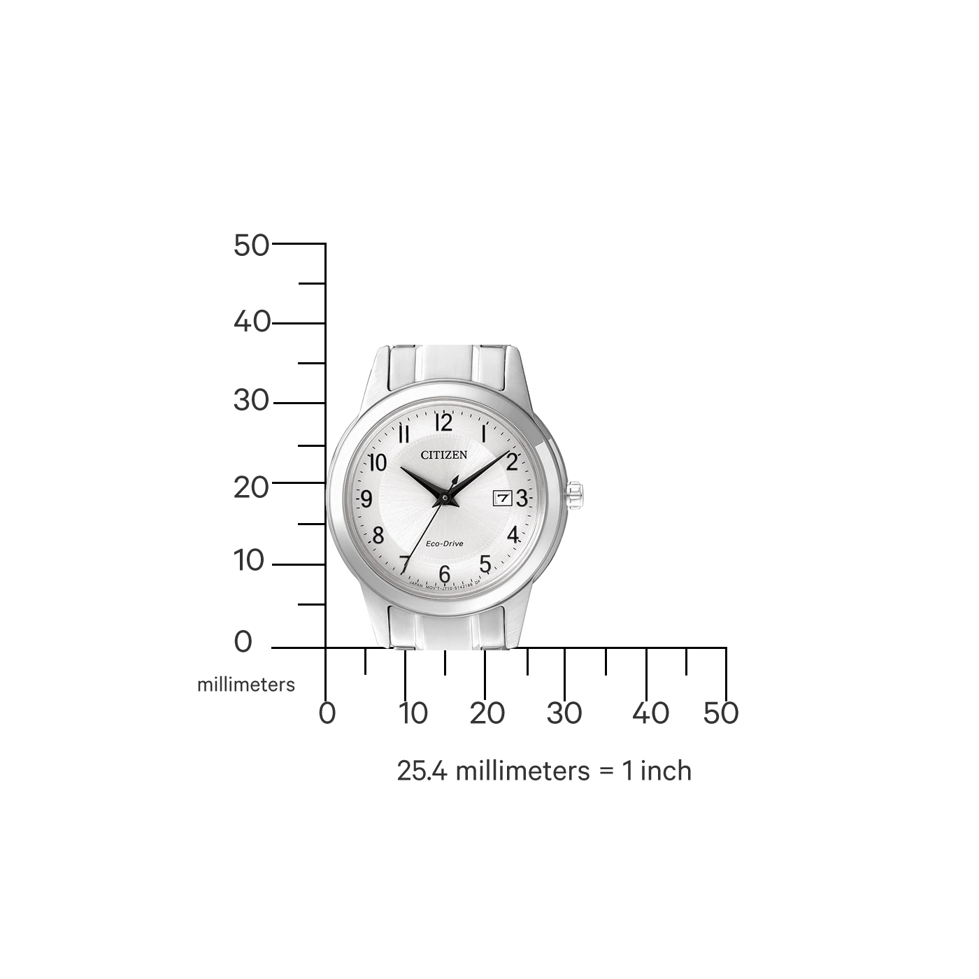 Citizen horloge met witte band, Eco-Drive en meetschaal in millimeters.