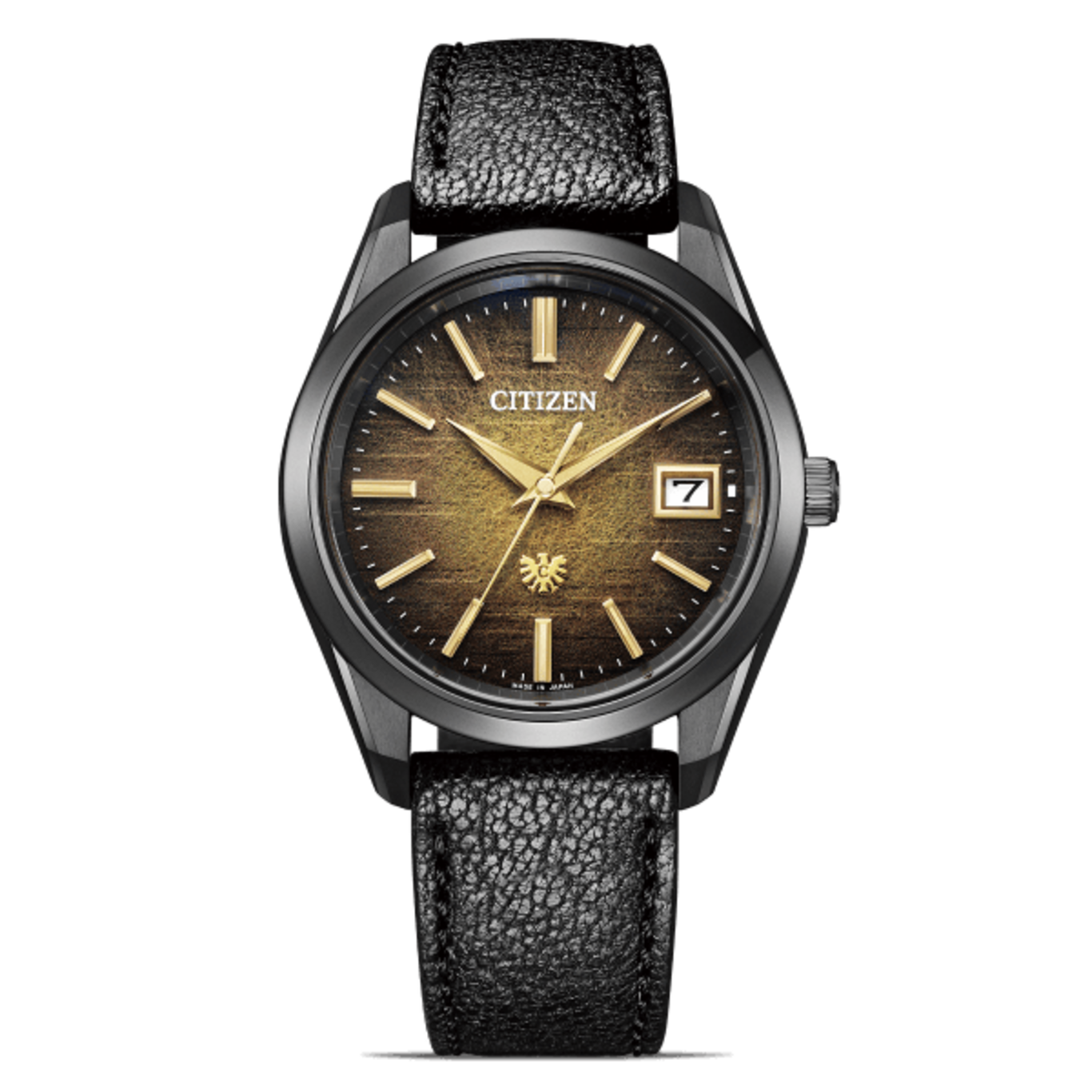 Citizen-Uhr mit schwarzem Armband und goldenen Details auf grünem Hintergrund