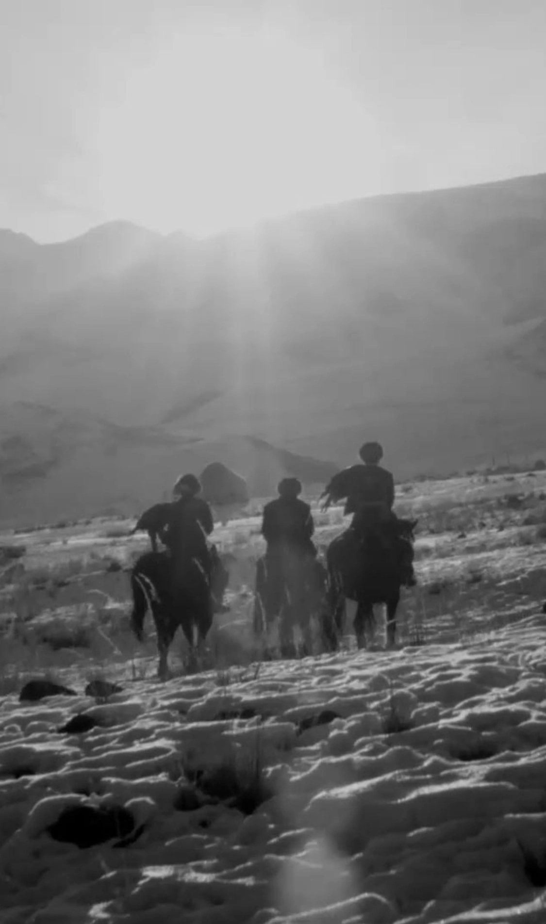 Silhouet van ruiters te paard in een besneeuwd landschap met bergen en zon.