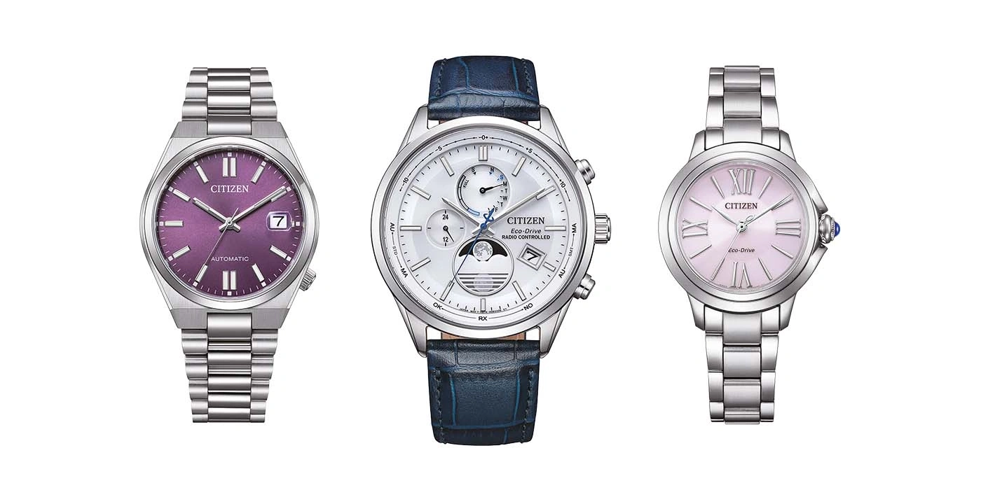 Drie Citizen horloges: automatisch, radiogestuurd en Eco-Drive, allemaal met metalen bandjes.