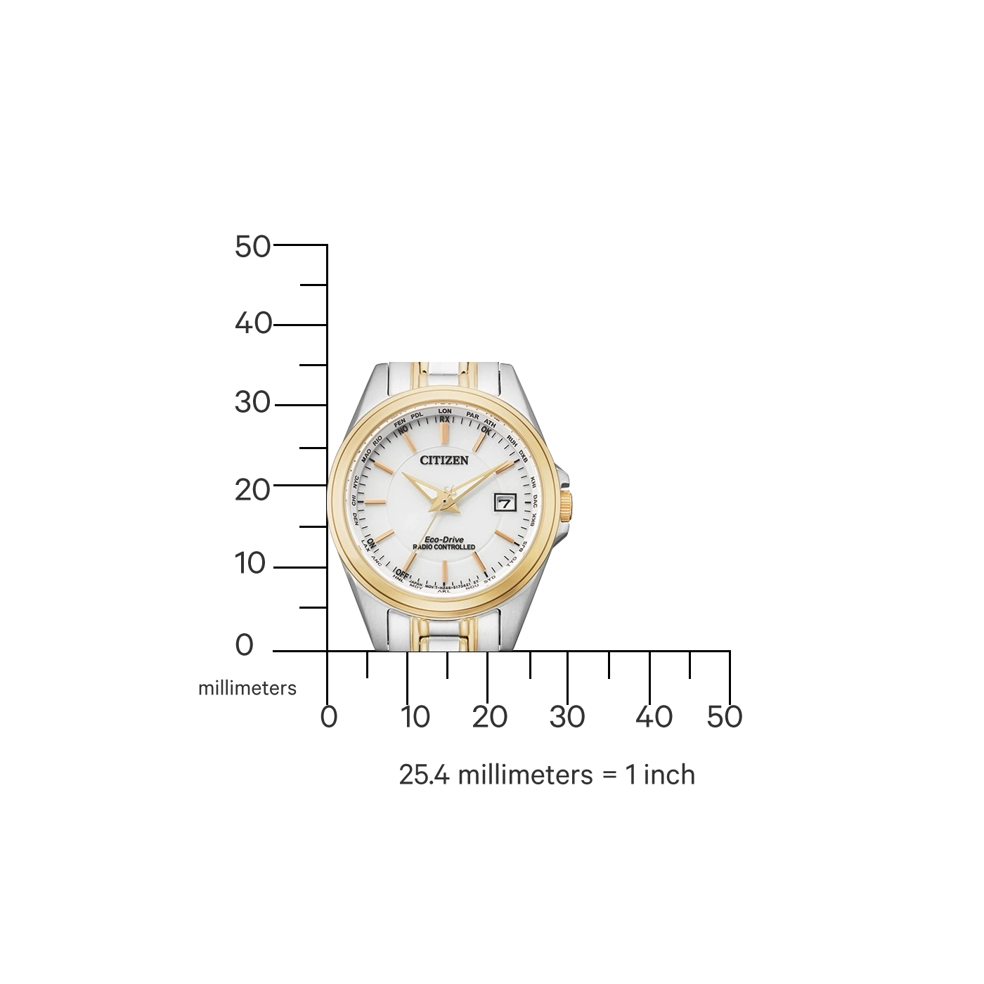 Citizen horloge met goud en zilver accenten, witte wijzerplaat en datumweergave.