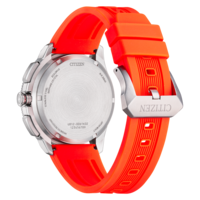Achterkant van een Citizen Eco-Drive horloge met oranje band en zilveren kast.