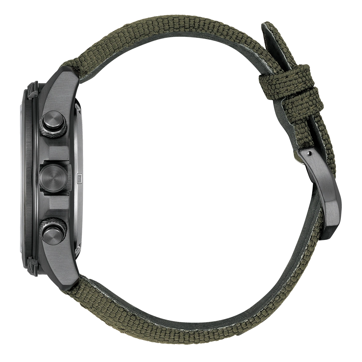 Zijaanzicht van een donker horloge met een groene stoffen band.