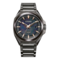Citizen Series 8 automatisch horloge met zwarte kast en armband, blauwe wijzerplaat
