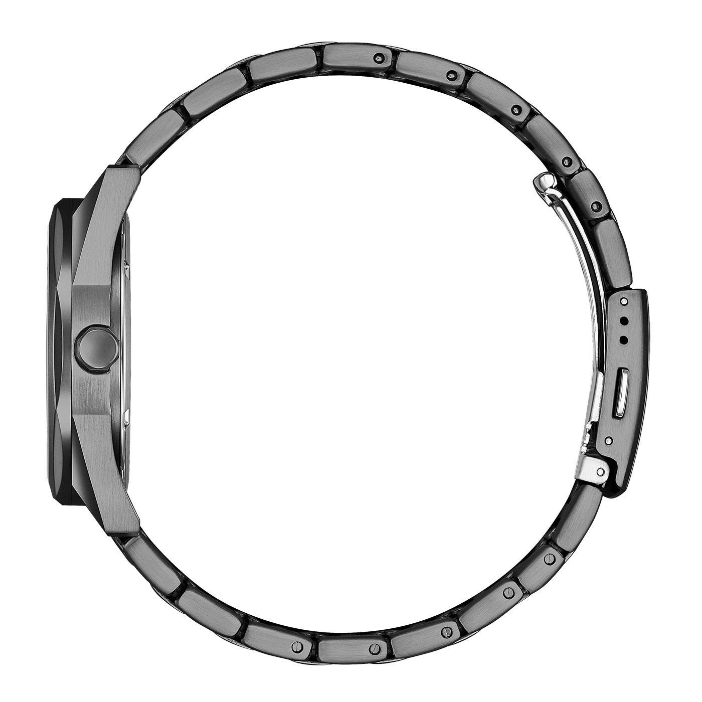 Zijaanzicht van een strakke, moderne metalen horlogeband en kast.