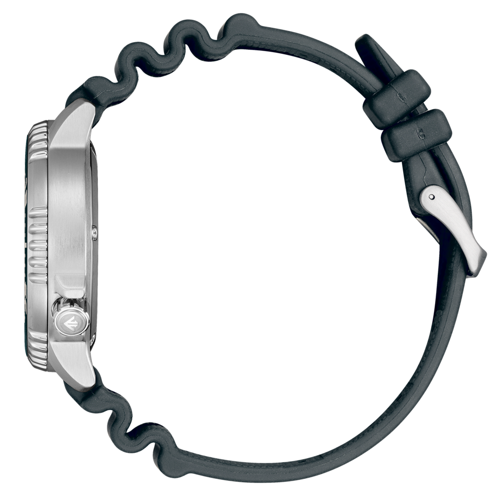 Zijaanzicht van een zilveren horloge met een zwarte rubberen band.
