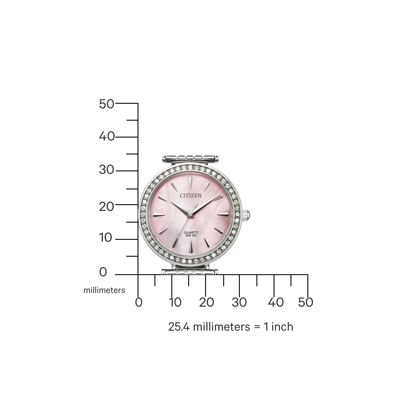 Citizen horloge met roze wijzerplaat en diamant bezel, meetschaal in millimeters.