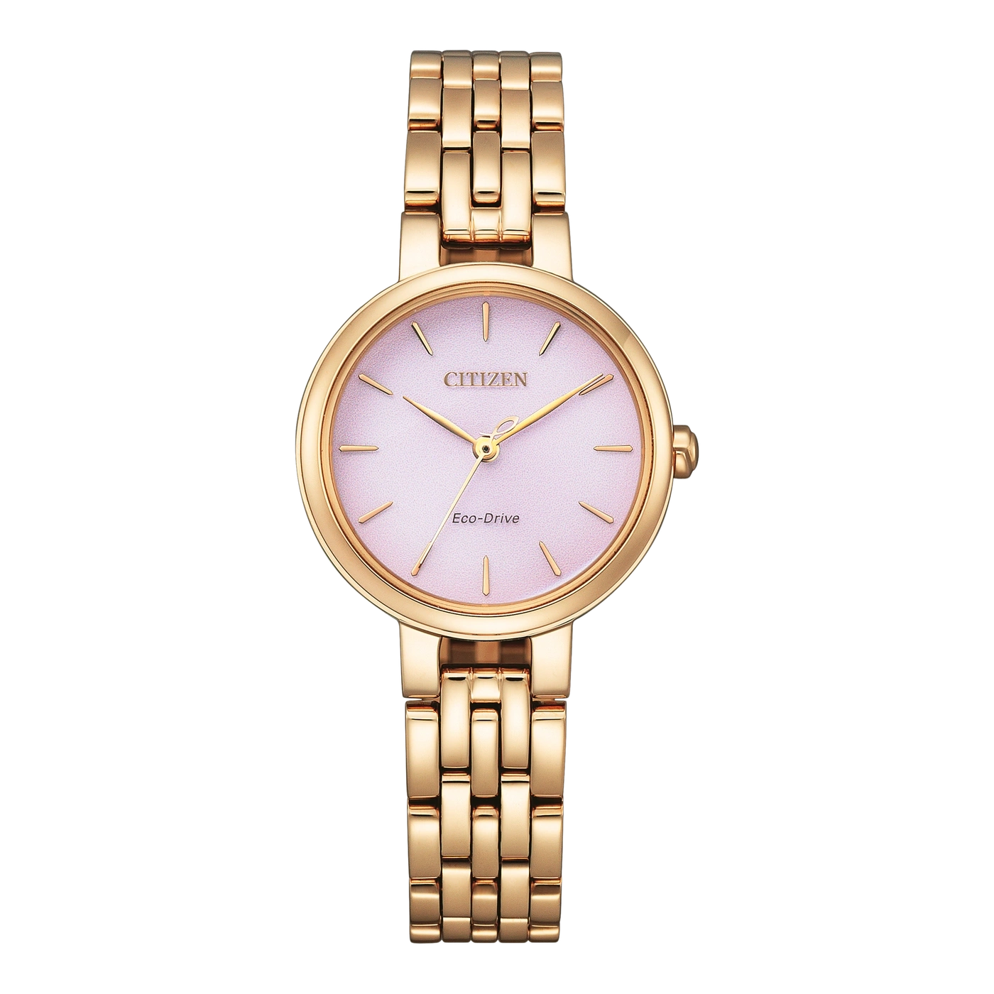 Gouden Citizen horloge met roze wijzerplaat en gouden band, Eco-Drive technologie.