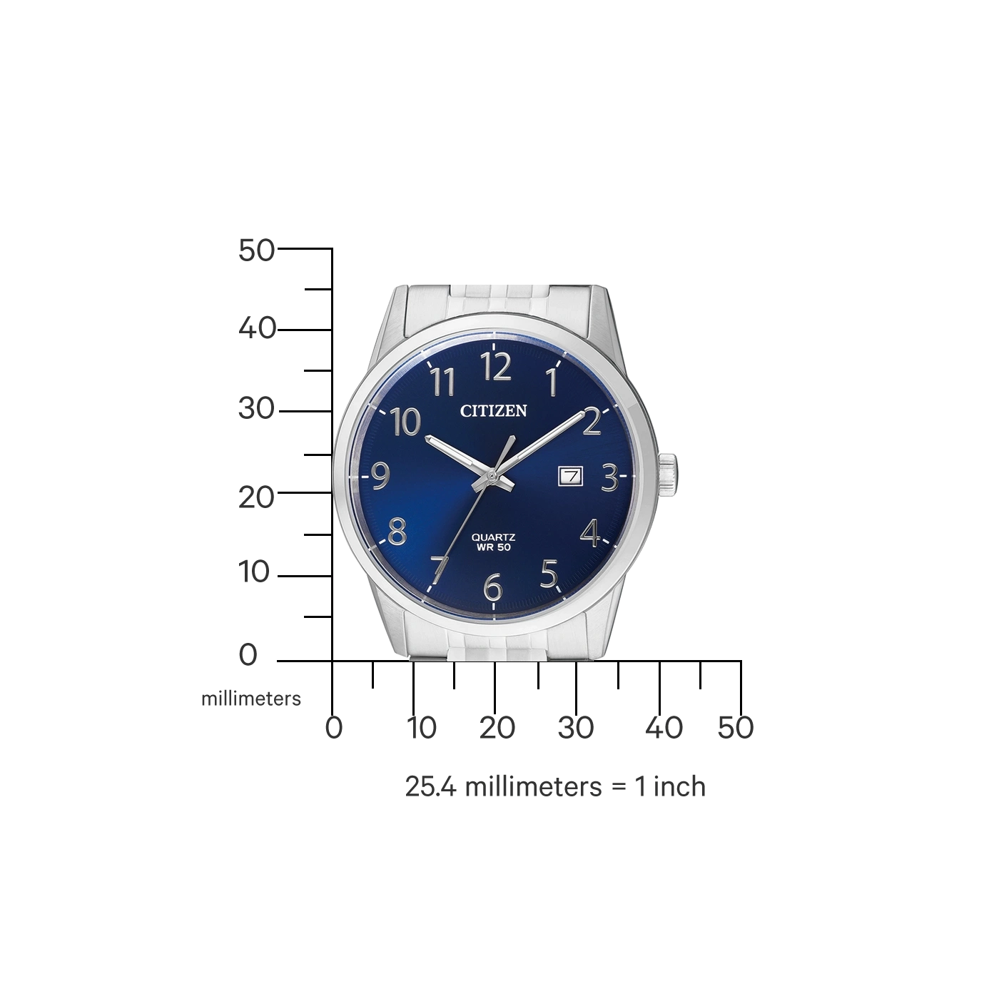 Citizen horloge met blauwe wijzerplaat, zilveren band en quartz uurwerk. Toont de tijd.