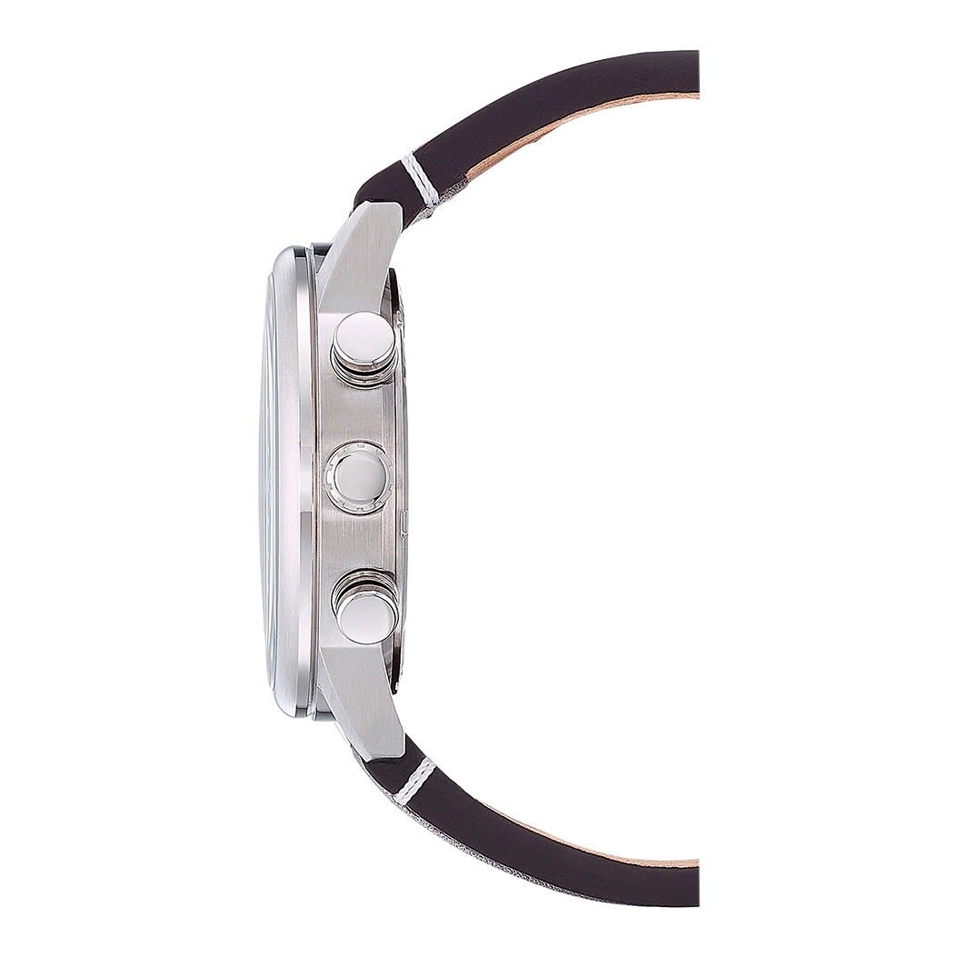 Zijaanzicht van een zilveren horloge met een zwarte leren band.
