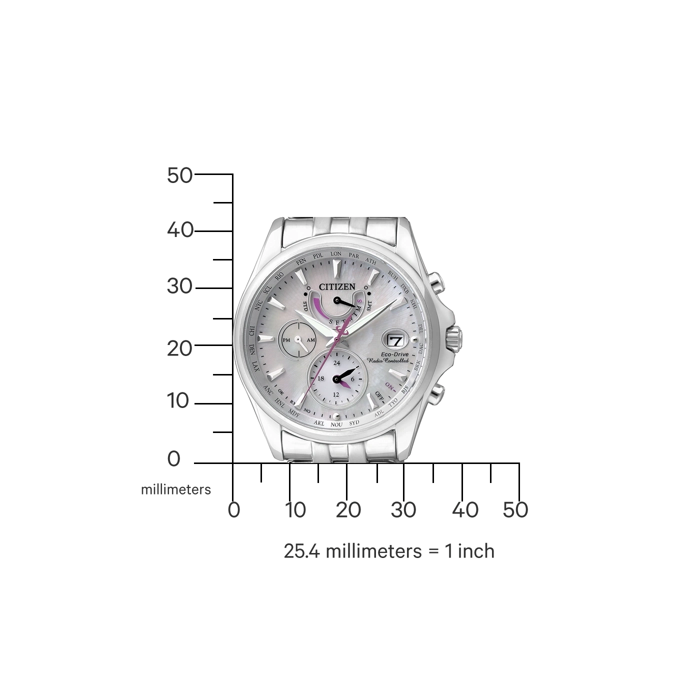 Zilveren Citizen horloge met meerdere wijzerplaten en een meetschaal.