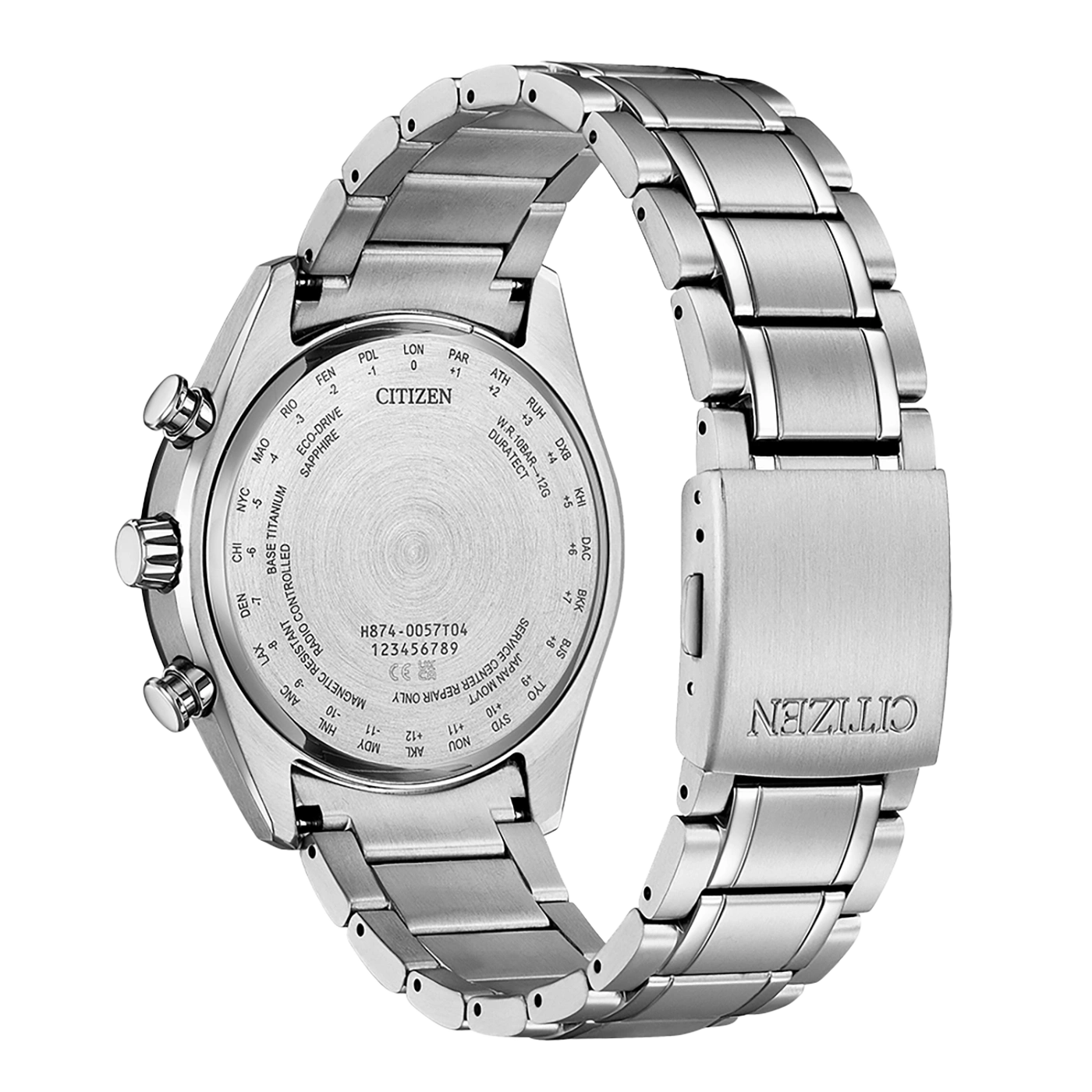 Achterkant van Citizen horloge met tijdzone markeringen en model details.