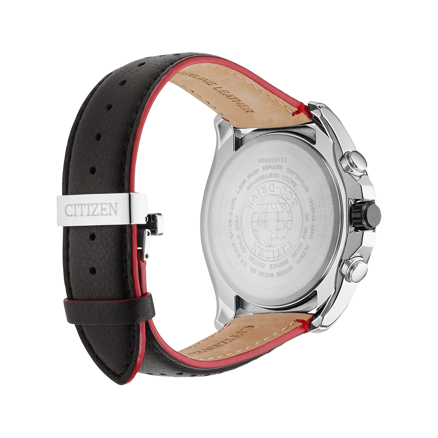 Citizen horloge met zwarte leren band en rode voering, roestvrijstalen kast.