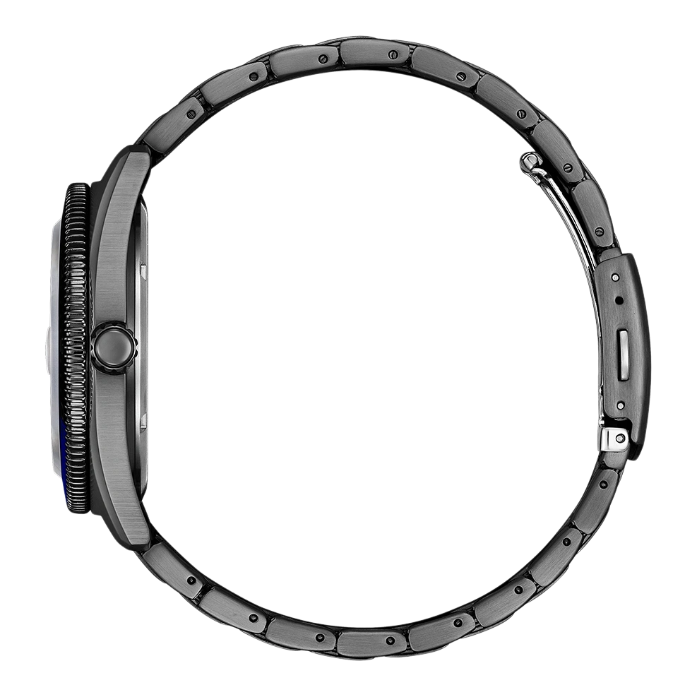 Zijaanzicht van een donkergrijs horloge met een metalen band en blauwe accenten.