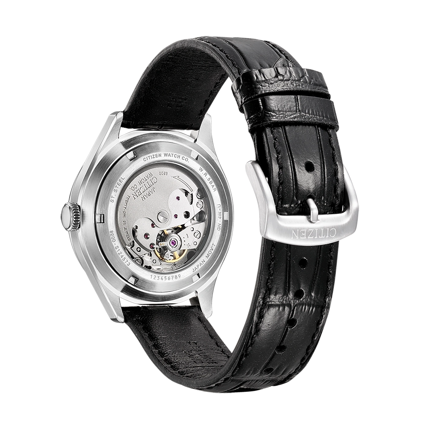 Citizen horlogerug met leren band, mechanisch uurwerk en zichtbare tandwielen.