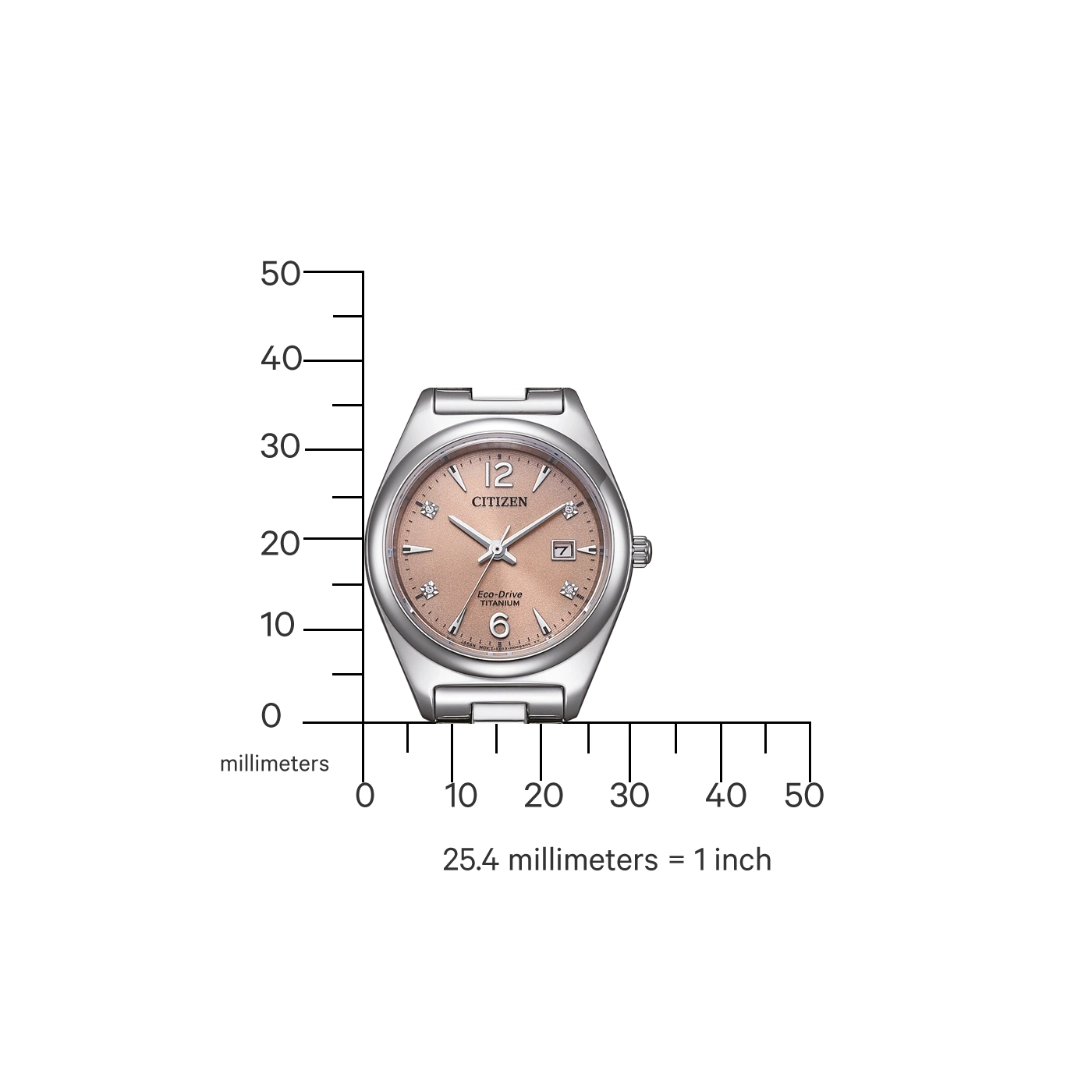 Citizen horloge met titanium kast en roze wijzerplaat, met metingen in millimeters.