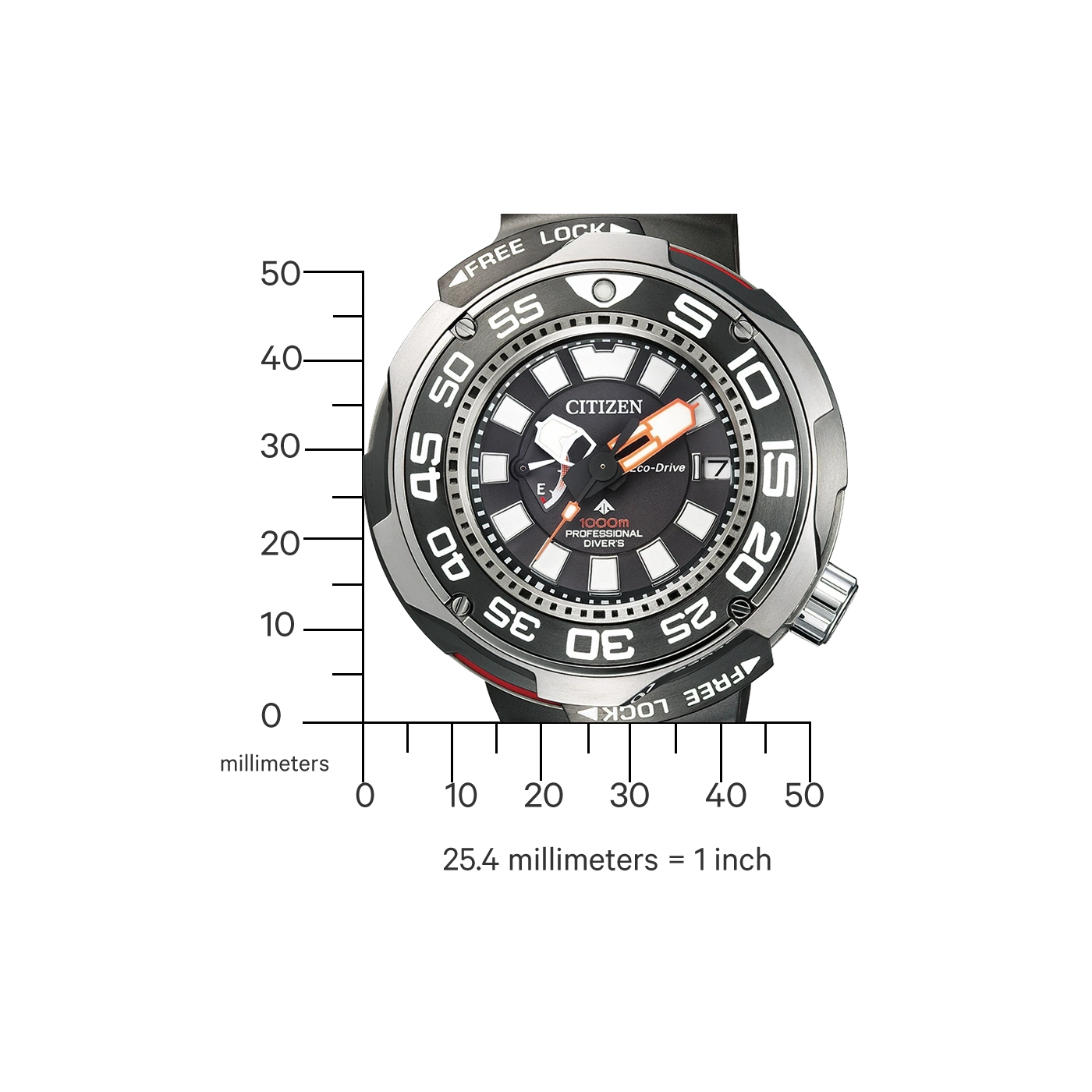 Citizen horloge met zwart en zilver design, meetschaal en tekst 'FREE LOCK'.