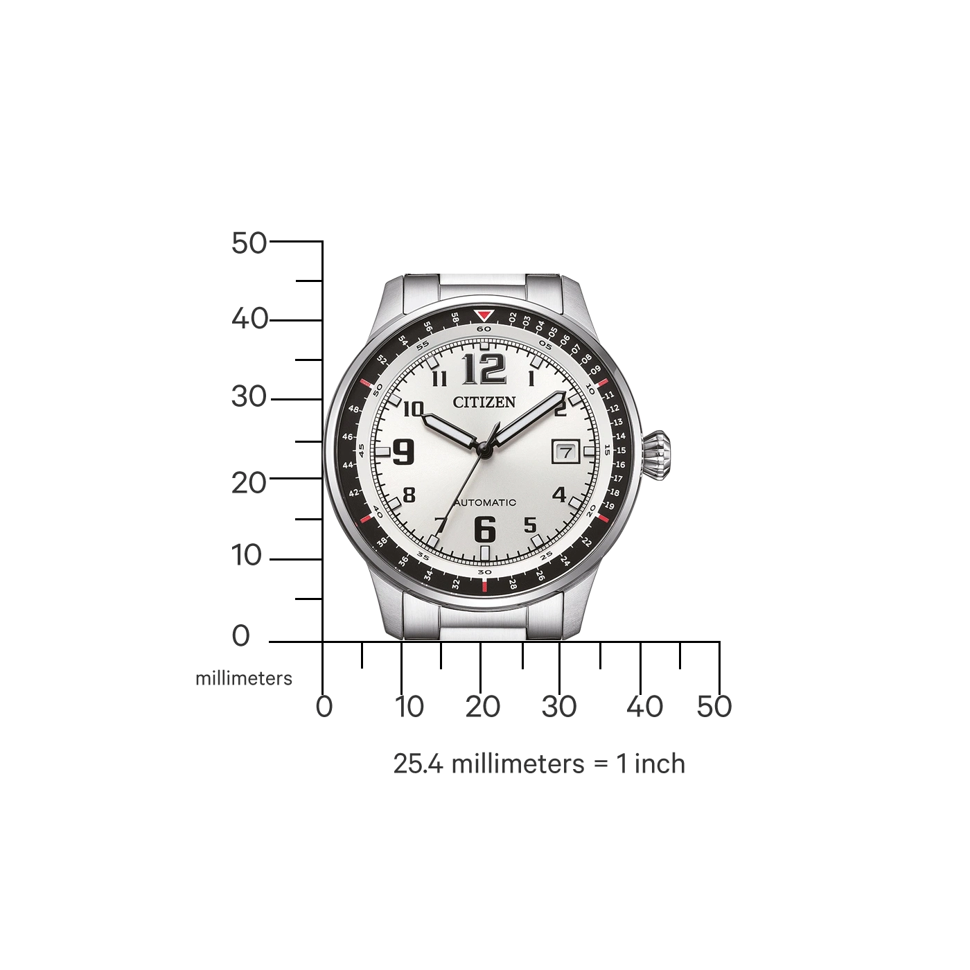 Citizen horloge met een witte wijzerplaat en zwarte cijfers, met een schaal in millimeters.