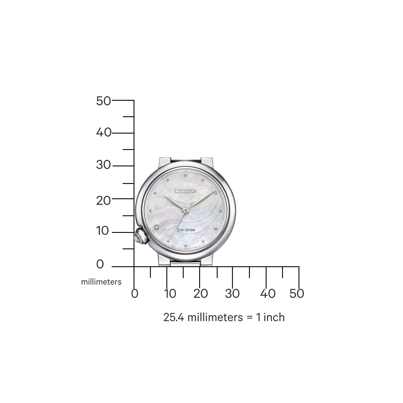 Citizen horloge met Eco-Drive technologie, met millimeter- en inchschaal voor afmetingen.