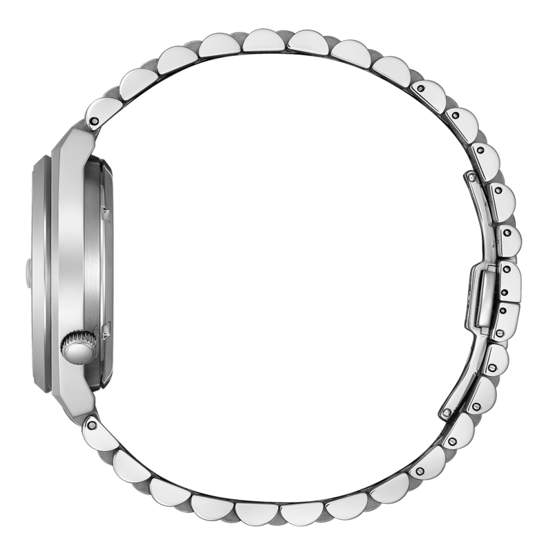 Zijaanzicht van een zilveren polshorloge met metalen band, elegant design.