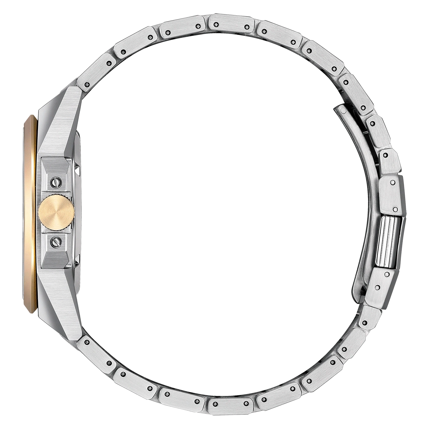 Zijaanzicht van een zilveren horloge met een gouden bezel en band.