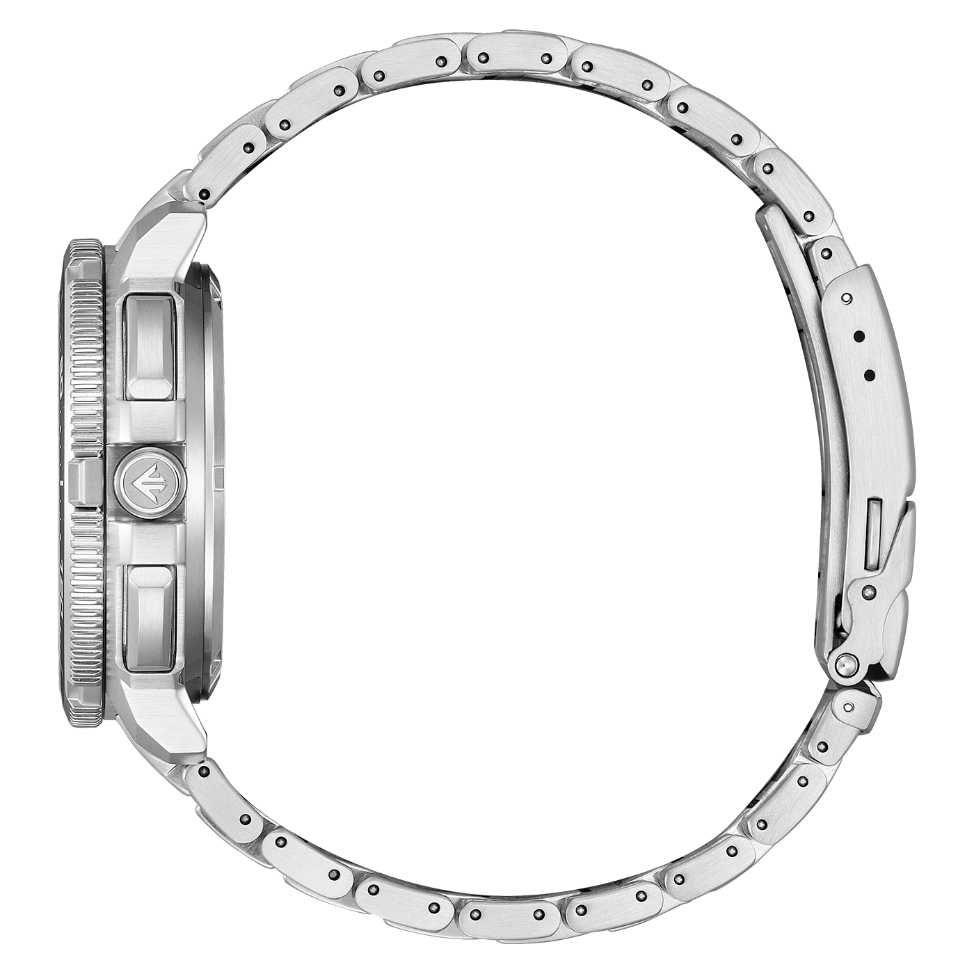 Zijaanzicht van een zilveren horloge met metalen band.