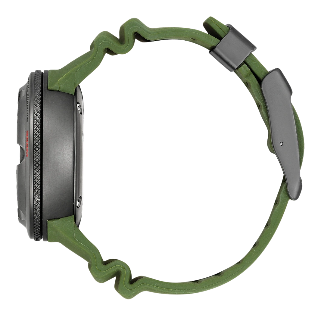 Zijaanzicht van een groene smartwatch met een uniek golvend bandontwerp.