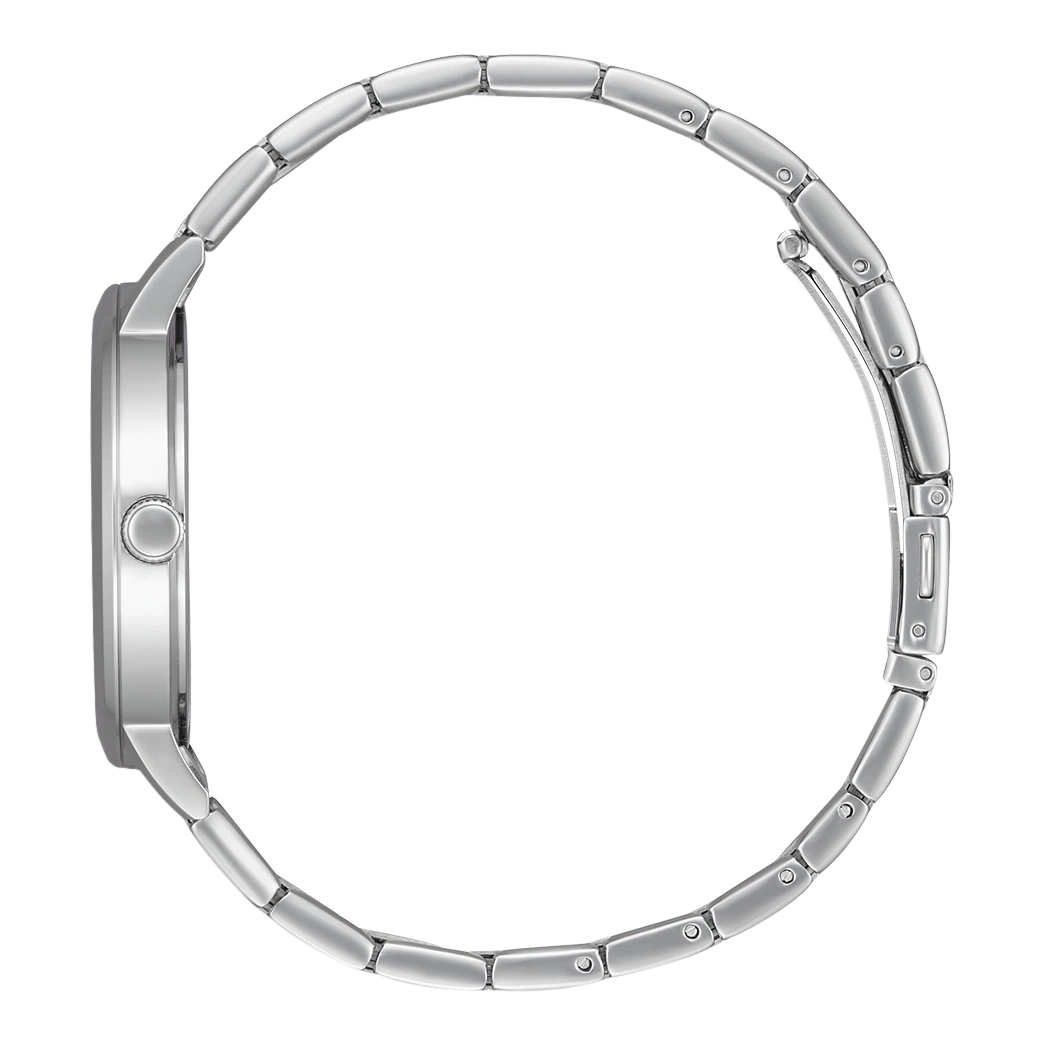Zilveren horloge met ronde wijzerplaat en metalen band, zijaanzicht.