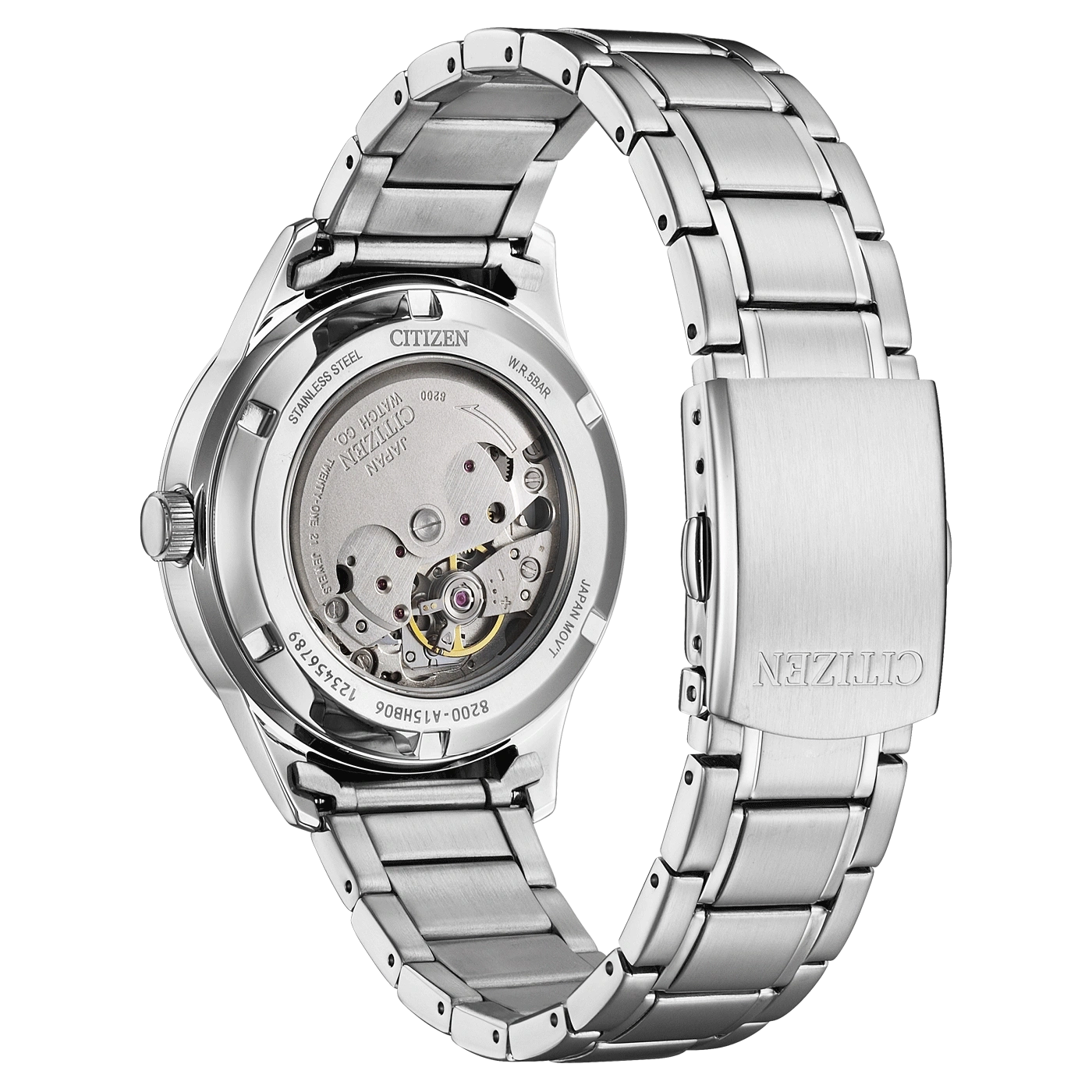 Citizen horloge met roestvrijstalen band, zichtbaar mechanisme en merkdetails.
