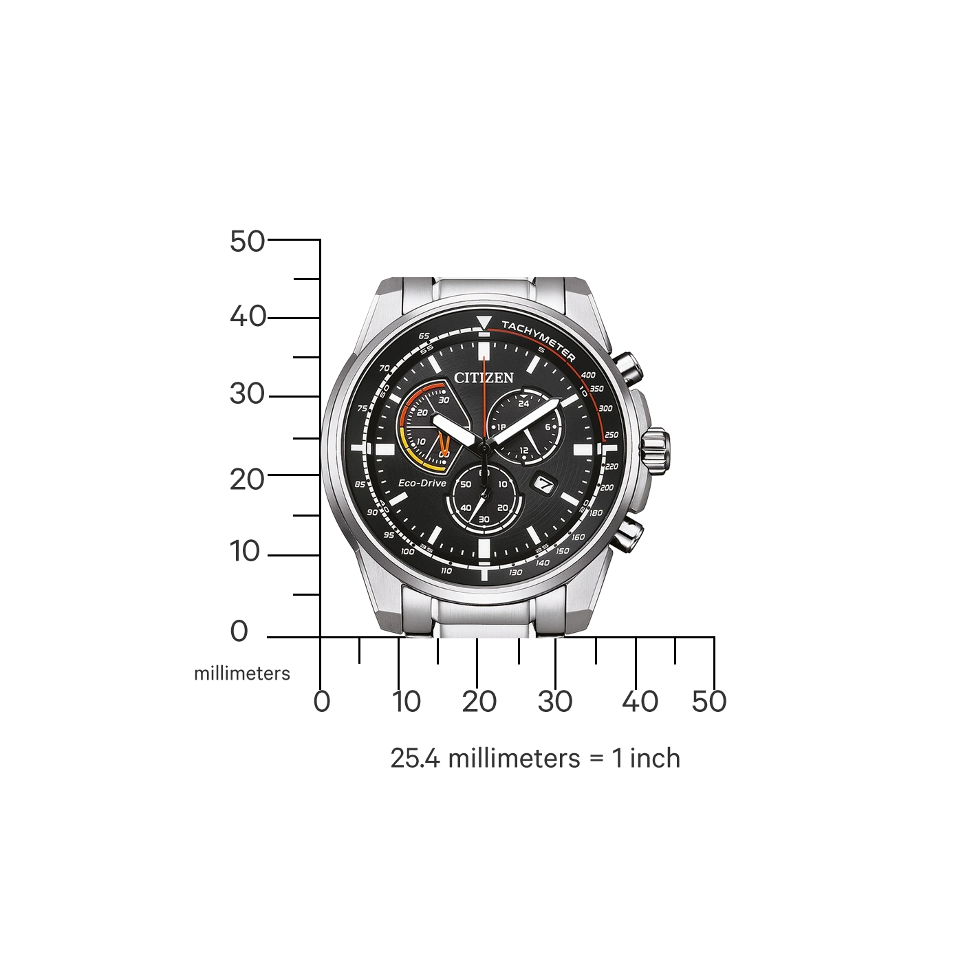 Citizen horloge met zwarte wijzerplaat, zilveren band en tachymeter markeringen.