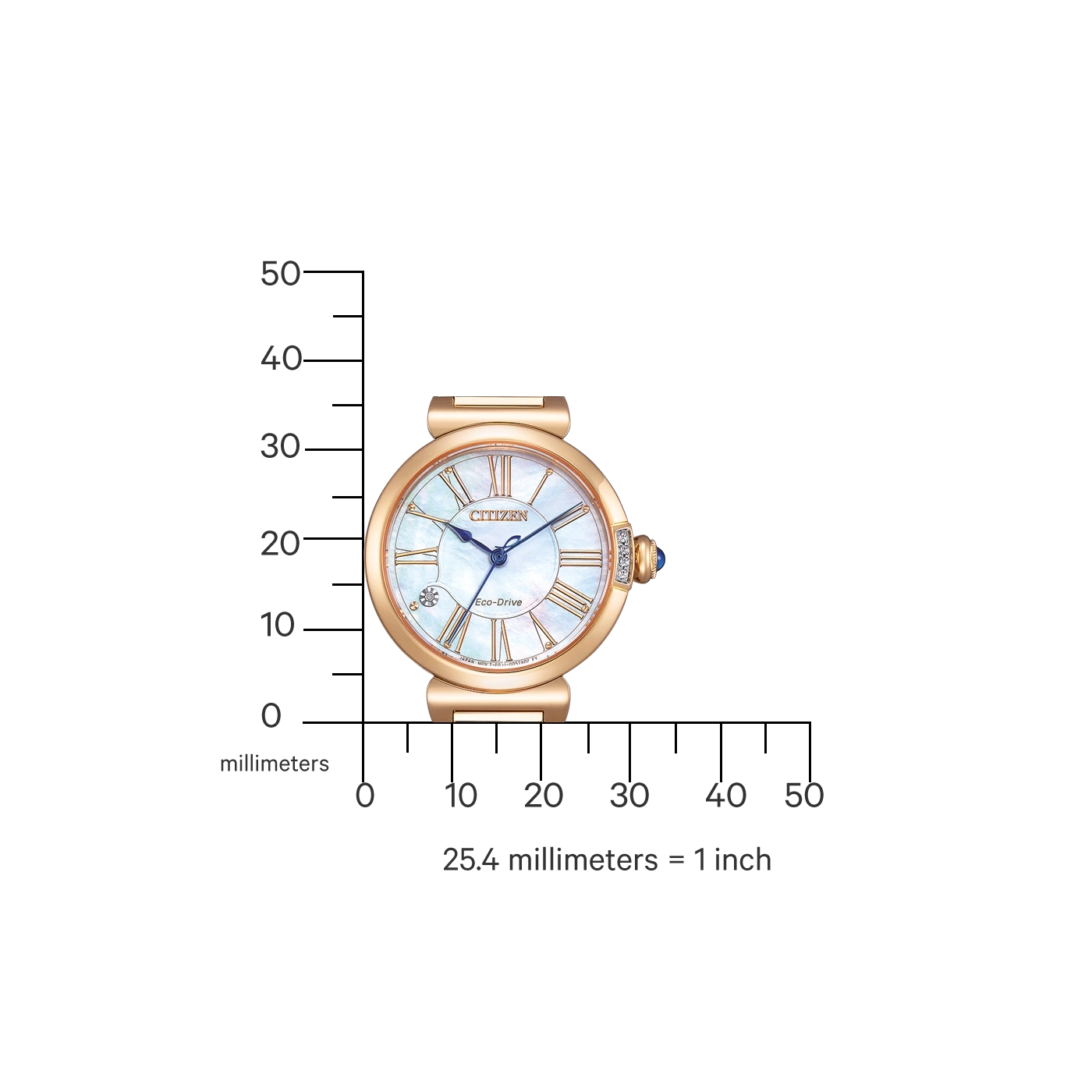 Citizen horloge met parelmoer wijzerplaat en gouden band, Eco-Drive technologie.