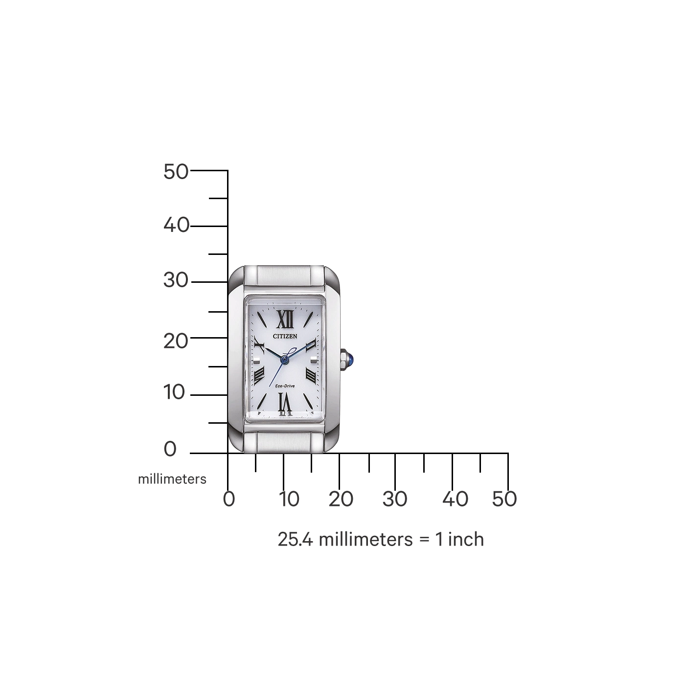 Citizen horloge met witte wijzerplaat en Romeinse cijfers, naast een liniaal.