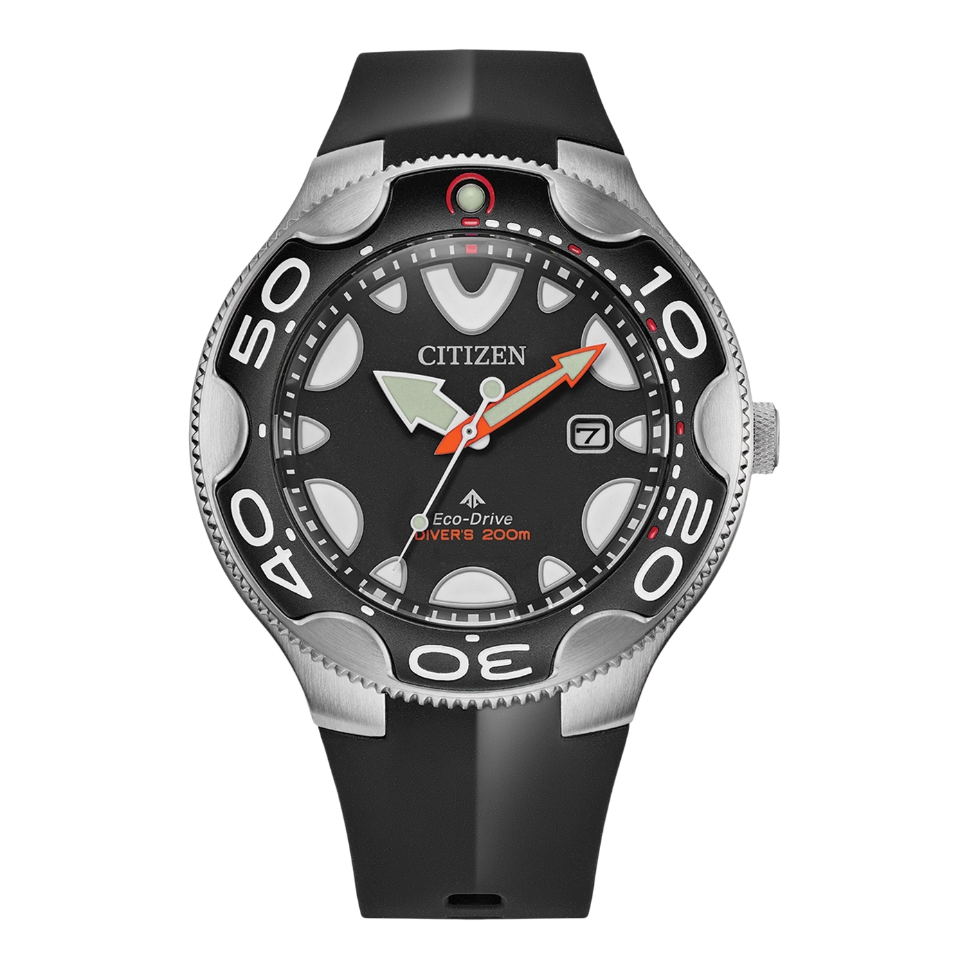 Citizen horloge met zwarte wijzerplaat, oranje en groene wijzers en zwarte band.