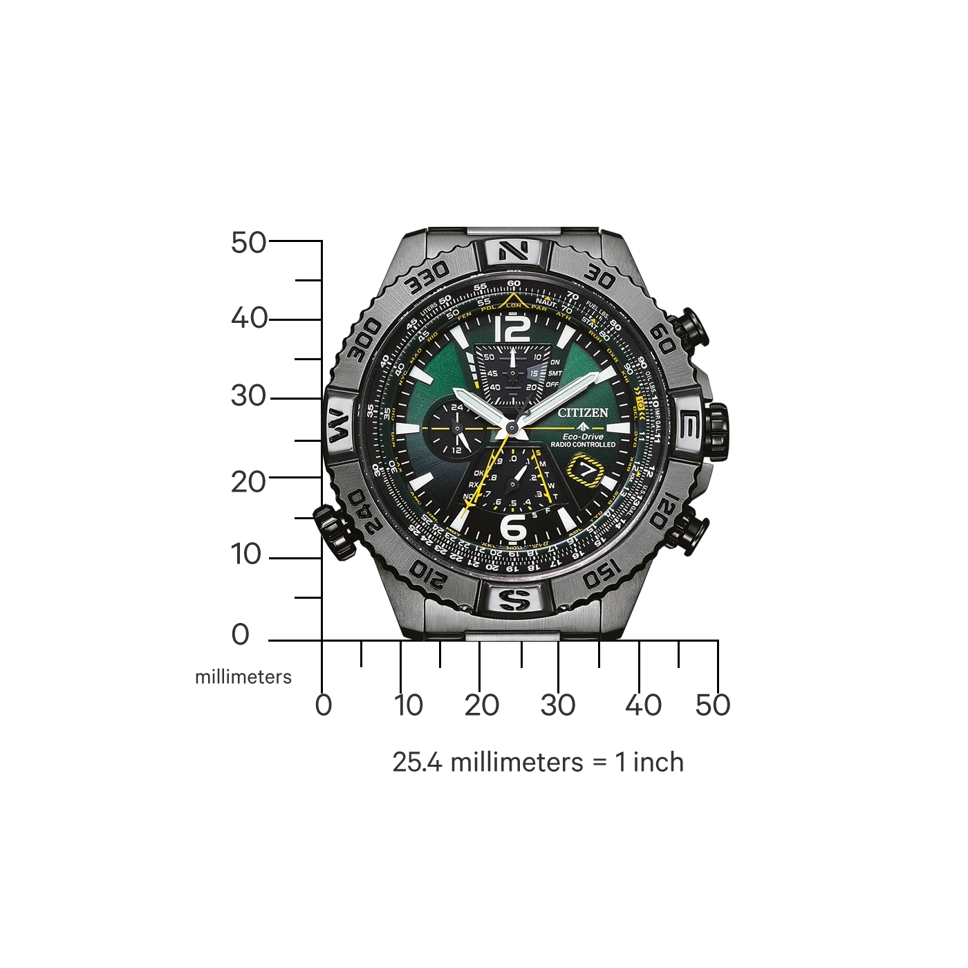 Citizen horloge met groen en zwarte wijzerplaat, zilveren bezel en zwarte band.