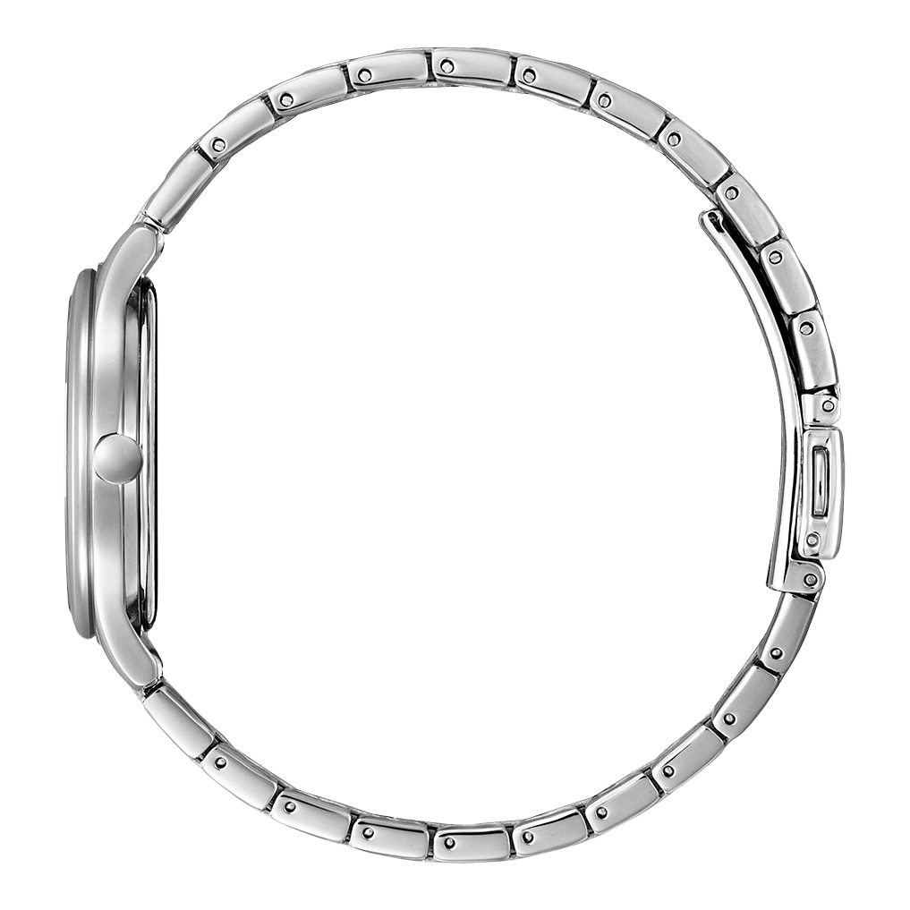 Zijaanzicht van een zilveren polshorloge met metalen band, elegant ontwerp.