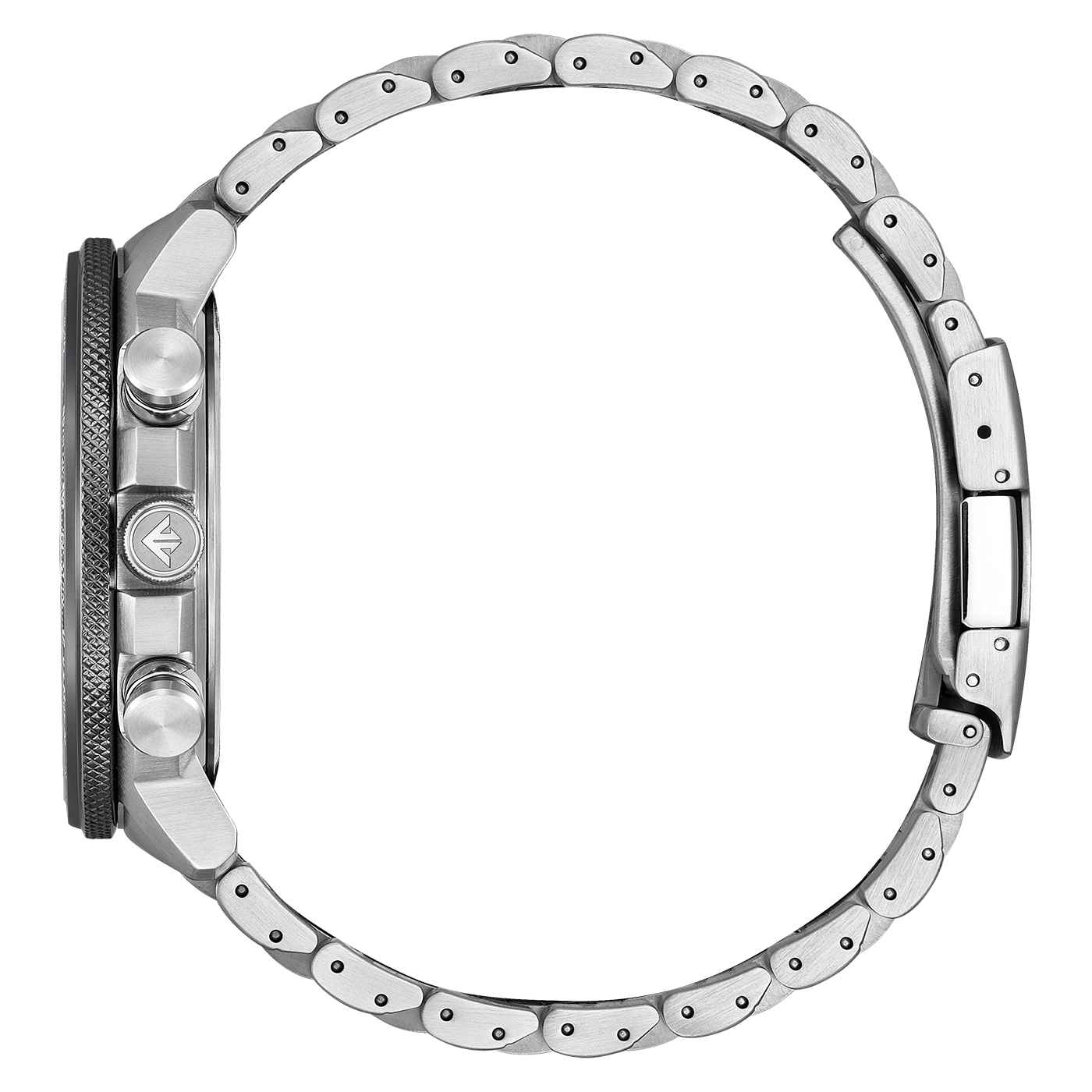 Zijaanzicht van een zilveren horloge met metalen band en zwarte bezel.