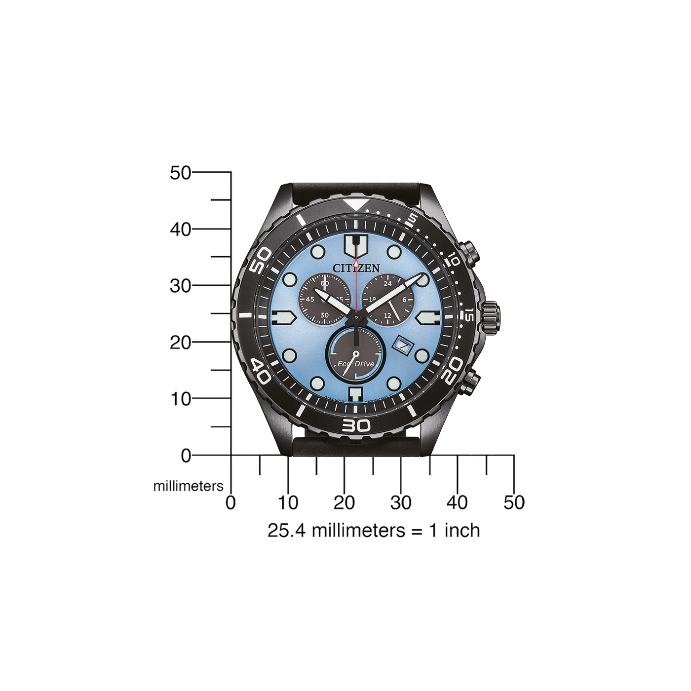 Citizen horloge met lichtblauwe wijzerplaat en zwarte bezel, metingen in millimeters.