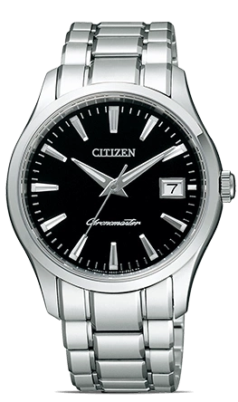 Citizen horloge met zwarte wijzerplaat en zilveren armband, elegant design.