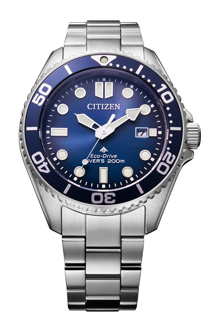 Citizen horloge met blauwe wijzerplaat en zilveren armband, duikershorloge, Eco-Drive