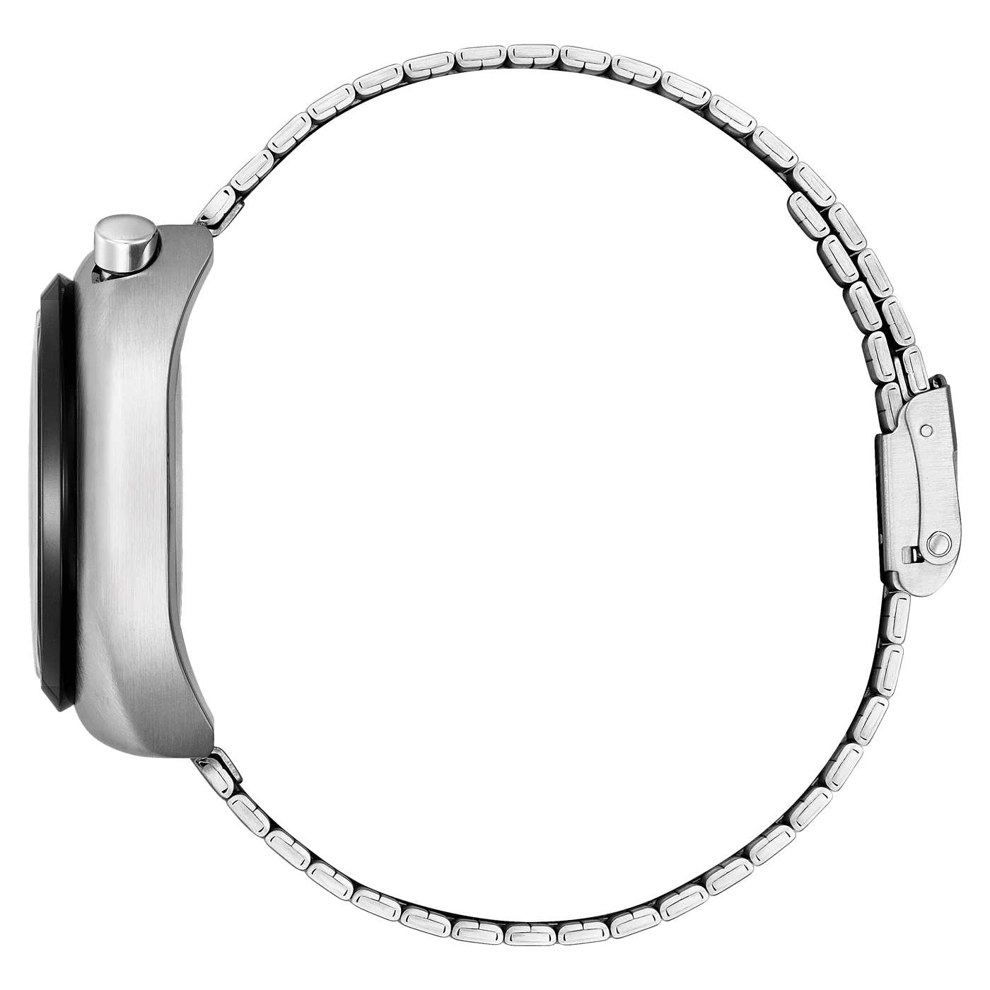Zijaanzicht van een zilveren horloge met metalen band.