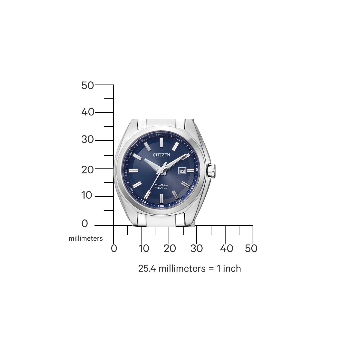 Citizen horloge met blauwe wijzerplaat, titanium en millimeterschaal voor maatvergelijking.