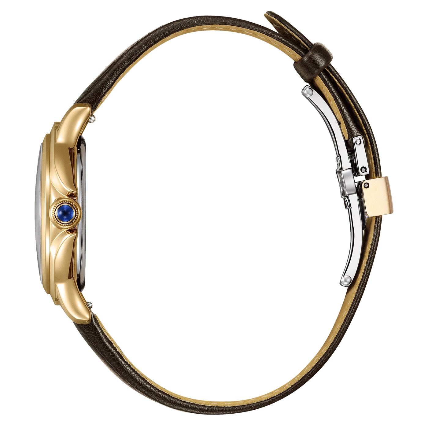Gouden horloge met bruin lederen bandje en blauwe edelsteen detail