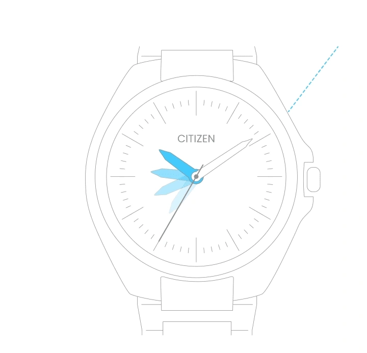 Citizen horloge met blauwe wijzers die de tijd aangeven, minimalistisch ontwerp, witte achtergrond
