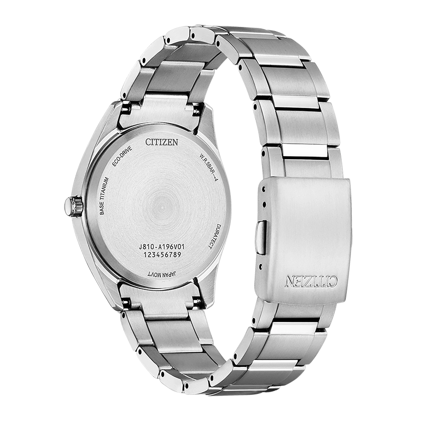 Citizen horlogerug met details: titanium, eco-drive en modelnummer.
