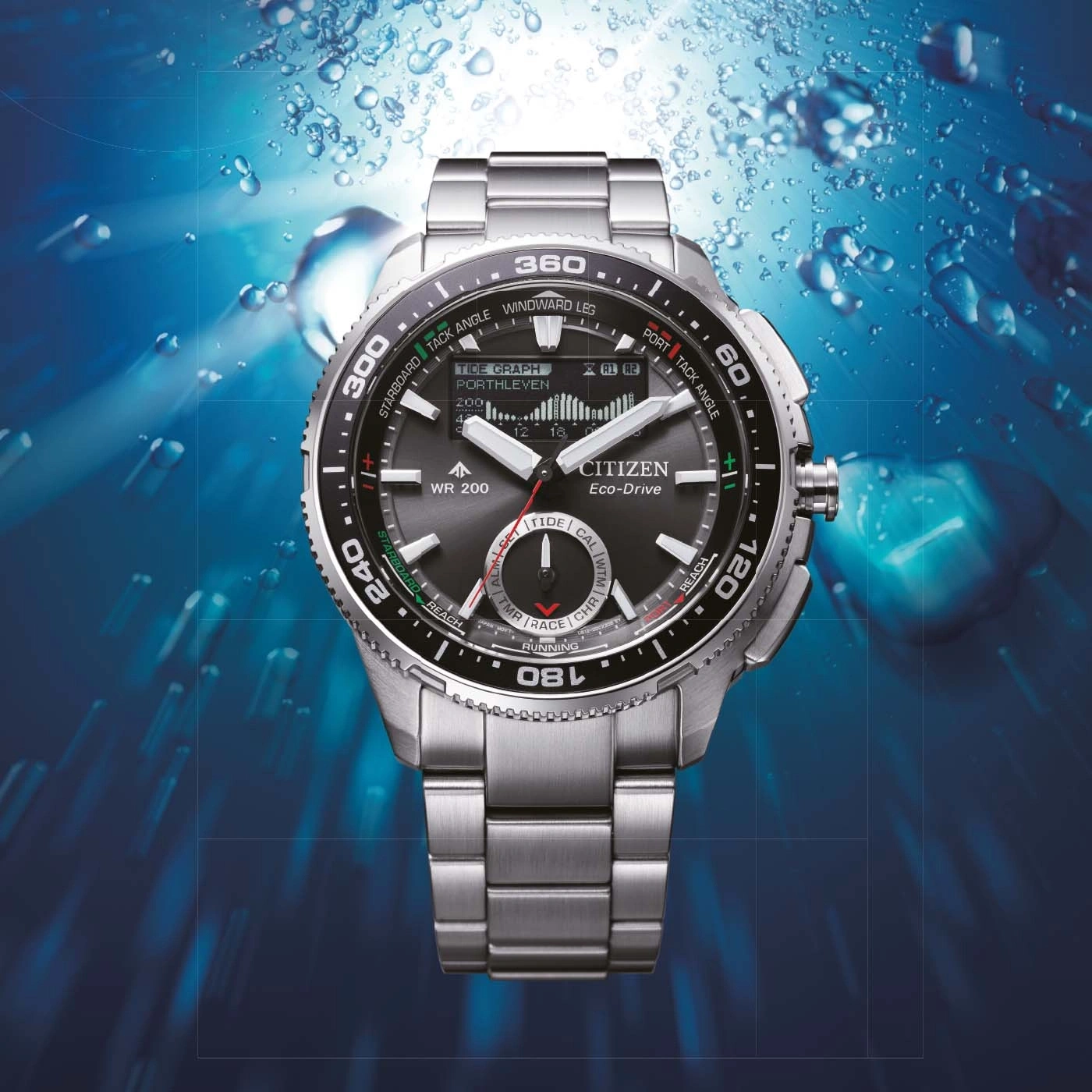 Een Citizen Eco-Drive horloge met getijdengrafiek en wereldtijd.